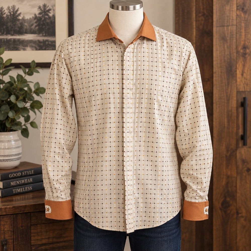 Steven Land Mens 17 36/37 90s Cotton Dress Shirt Contrast Collar French Cuff Tan